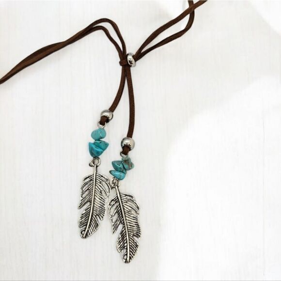 Feather Brown Leather Necklace Turquoise Beaded Pendant Western Boho Jewelry NWT - Picture 5 of 6